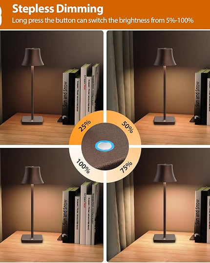 Cordless Table Lamp, Rechargeable Battery 5000mAh Metal Aluminum Housing USB LED Portable Powered Desk Lamp, 3 Levels Brightness Night Light for Restaurants Bedroom Outdoor (ferruginous) - LeafyLoom