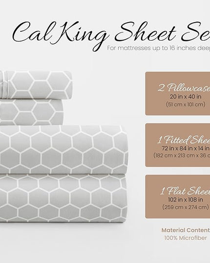 Linen Market 4 Piece California King Bedding Sheet Set (Gray Geometric) - Sleep Better Than Ever with These Ultra-Soft & Cooling Bed Sheets for Your Cal King Size Bed - Deep Pocket Fits 16" Mattress - LeafyLoom