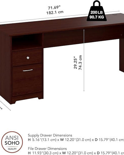 Bush Furniture Cabot Desks for Home Office with Storage and Chrome Hardware | Elegant Computer Table with Drawers, 72W, Harvest Cherry - LeafyLoom