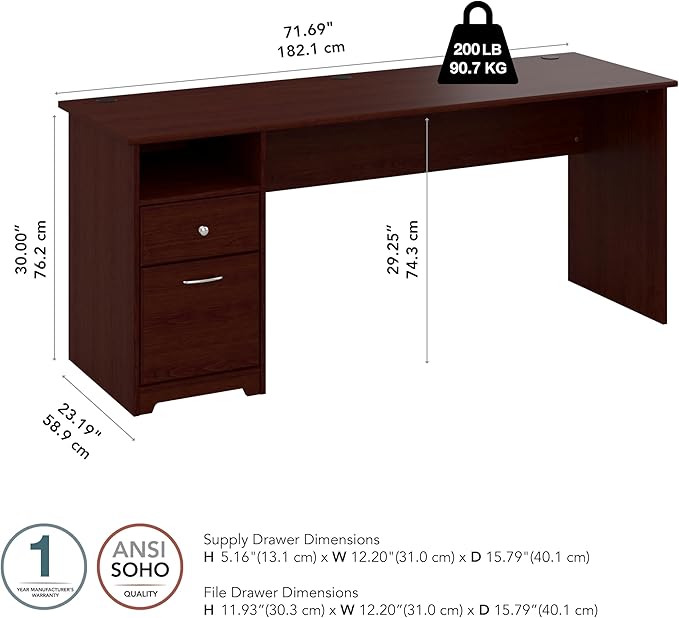 Bush Furniture Cabot Desks for Home Office with Storage and Chrome Hardware | Elegant Computer Table with Drawers, 72W, Harvest Cherry - LeafyLoom