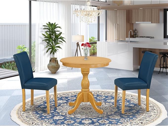East West Furniture Eden 3 Piece Room Furniture Set Contains a Round Dining Table with Pedestal and 2 Oasis Blue Faux Leather Upholstered Chairs, 30x30 Inch, ESAB3-OAK-55 - LeafyLoom