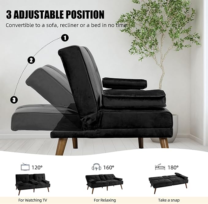 Shintenchi Futon Sofa Bed, Convertible Couch Bed Loveseat, Modern Futon Recliner Sleeper, Small Lazy Futon Set for Living Room, Office, Apartment,e, Black - LeafyLoom