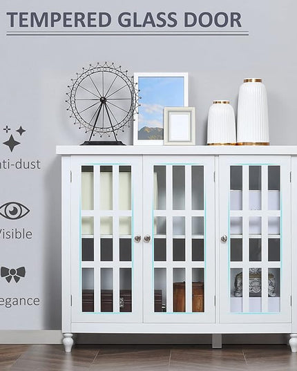 HOMCOM Sideboard, Buffet Cabinet with 3 Tempered Glass Doors, Stripe Pattern and Adjustable Storage Shelf, Credenza, White - LeafyLoom