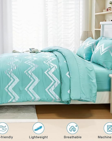 Wowelife Teal Comforter Set Queen7 Pieces Blue Glitter Metallic Bedding Set Full Teal Kids Comforter Set Breathable with Comforter, Flat Sheet, Fitted Sheet, 2 Pillow Shams and 2 Pillowcases - LeafyLoom