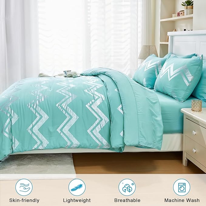 Wowelife Teal Comforter Set Queen7 Pieces Blue Glitter Metallic Bedding Set Full Teal Kids Comforter Set Breathable with Comforter, Flat Sheet, Fitted Sheet, 2 Pillow Shams and 2 Pillowcases - LeafyLoom