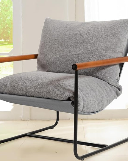 HIGOGOGO Modern Accent Chair, Living Room Chair with Wood Armrests, Shredded Foam Cushion, and Sturdy Metal Frame Reading Chair, Dark Grey - LeafyLoom