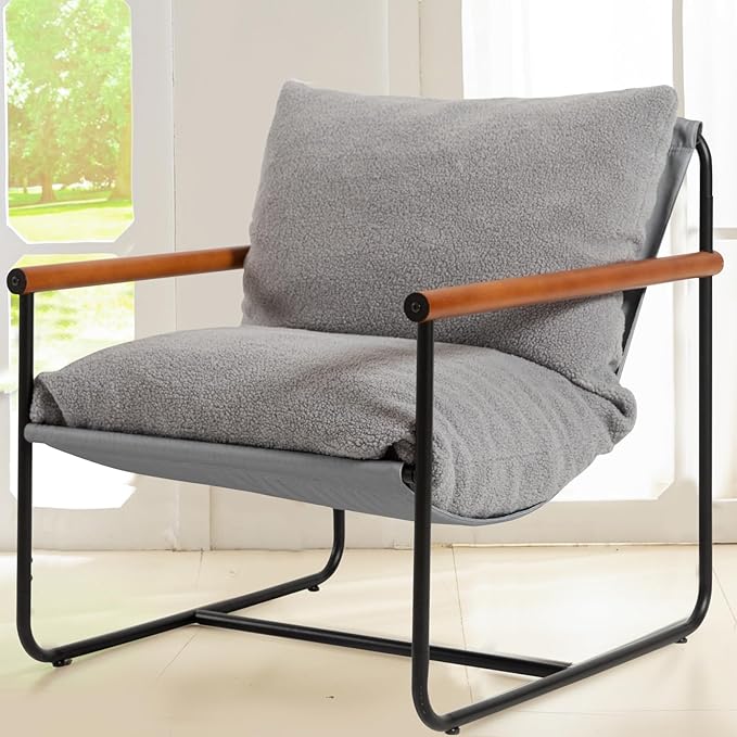 HIGOGOGO Modern Accent Chair, Living Room Chair with Wood Armrests, Shredded Foam Cushion, and Sturdy Metal Frame Reading Chair, Dark Grey - LeafyLoom