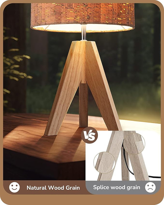EDISHINE Small Table Lamp, Wooden Tripod Nightstand Lamp with Bark Linen Shade, Farmhouse Bedside Lamp for Nursery, Bedroom, Kids Room, Office, Reading Desk, 14.2 Inch, E26 Socket, ON/Off Switch - LeafyLoom