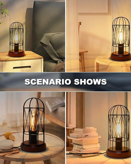 Industrial Table Lamp, Small Touch Control Edison Desk Lamp 3 Way Dimmable Vintage Bedside Lamp with AC Outlet Metal Cage Steampunk Nightstand Lamp for Living Room, Bedroom or Den - LeafyLoom