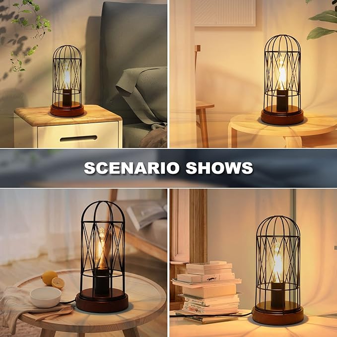 Industrial Table Lamp, Small Touch Control Edison Desk Lamp 3 Way Dimmable Vintage Bedside Lamp with AC Outlet Metal Cage Steampunk Nightstand Lamp for Living Room, Bedroom or Den - LeafyLoom