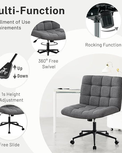 Furniliving Armless Office Desk Chair, Linen Fabric Padded Swivel Chair, Adjustable Home Office Chair with 360° Wheels, Wide Criss Cross Chair for Desk for Living Room, Bedroom, Darkgrey - LeafyLoom