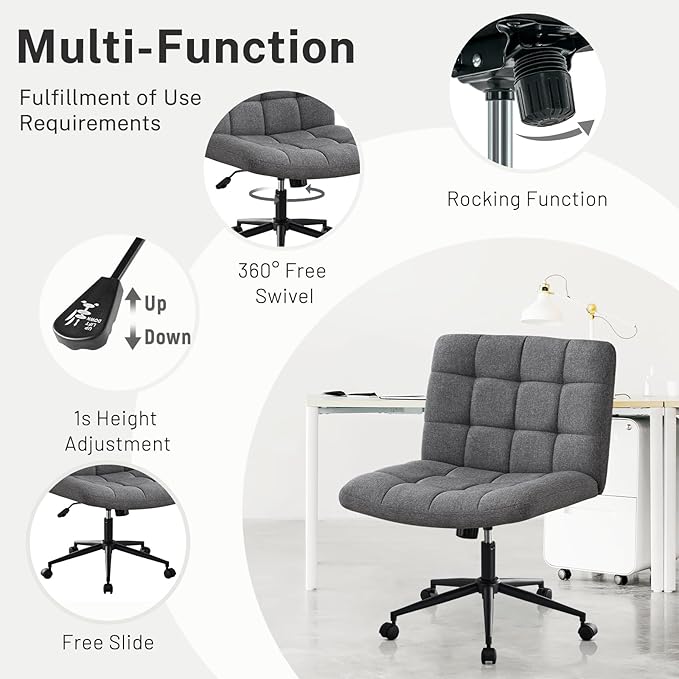 Furniliving Armless Office Desk Chair, Linen Fabric Padded Swivel Chair, Adjustable Home Office Chair with 360° Wheels, Wide Criss Cross Chair for Desk for Living Room, Bedroom, Darkgrey - LeafyLoom