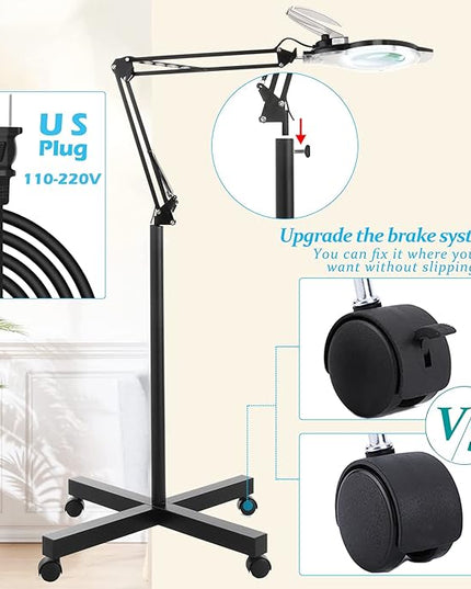 10X Magniyfing Floor Lamp with 4 Wheel Rolling Base for Estheticians 2,200 Lumens LED Magnifier Lighted Glass Lens, AdjustableStand & Swivel Arm Floor Lamp for Reading, Crafts, Tasks - LeafyLoom