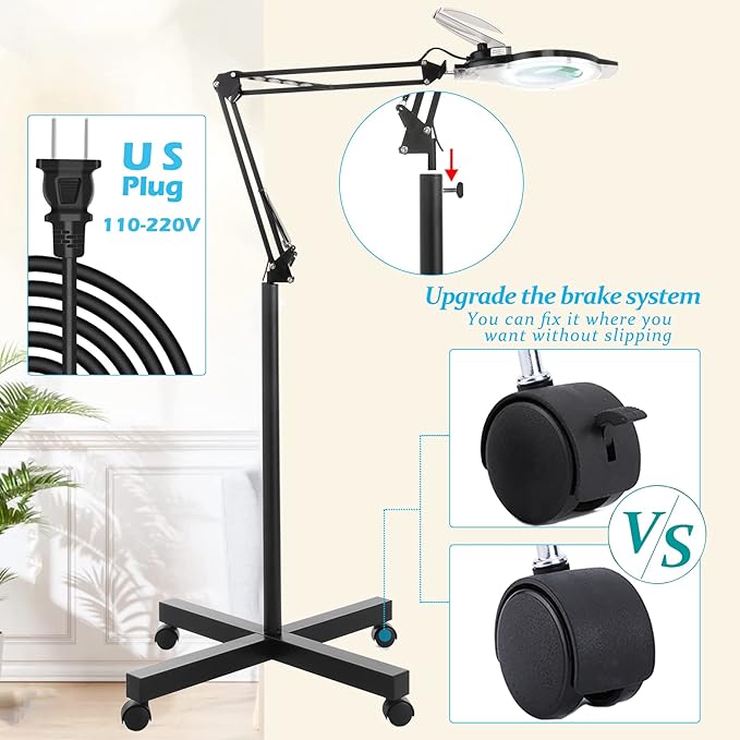10X Magniyfing Floor Lamp with 4 Wheel Rolling Base for Estheticians 2,200 Lumens LED Magnifier Lighted Glass Lens, AdjustableStand & Swivel Arm Floor Lamp for Reading, Crafts, Tasks - LeafyLoom
