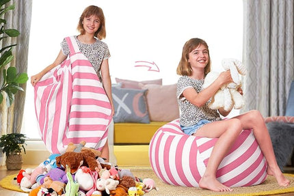 Aubliss Stuffed Animal Storage Bean Bag Chair Cover Only for Plush Toys, Blankets, X-Large 48"-Canvas Stripes Pink/White - LeafyLoom