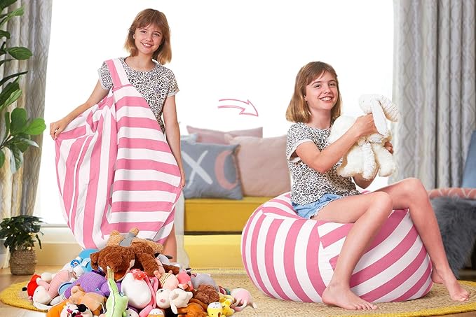 Aubliss Stuffed Animal Storage Bean Bag Chair Cover Only for Plush Toys, Blankets, X-Large 48"-Canvas Stripes Pink/White - LeafyLoom