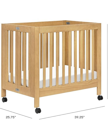 Babyletto Origami Mini Portable Crib Folding with Wheels in Honey, 2 Adjustable Mattress Positions, Greenguard Gold Certified - LeafyLoom