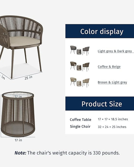 EAST OAK Breezeway Patio Furniture Set, 3-Piece Outside Bistro Set Handwoven Rattan Wicker Chairs with Waterproof Cushions, Tempered Glass Table, Outdoor Conversation Set for Porch, Coffee & Beige - LeafyLoom