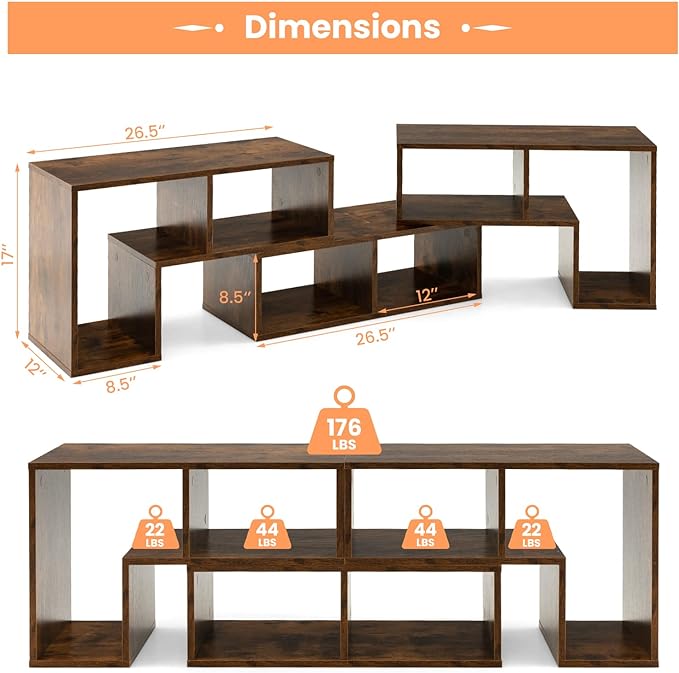 BUSHLY 3 Pieces Console TV Stand, Modern Multimedia Furniture for 50 55 60 65 Inch Flat Screen TV, DIY Open Storage Bookcase Shelf for Storage and Display, Suitable for Living Room Bedroom (Brown) - LeafyLoom
