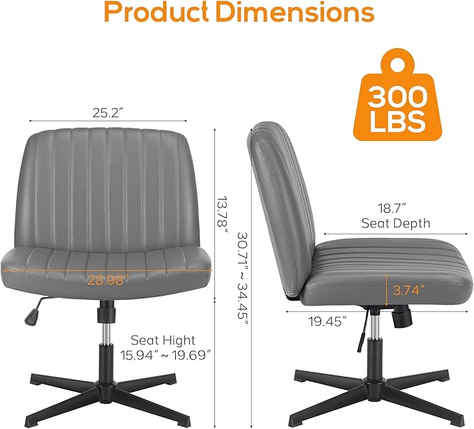 Criss Cross Chair, Cross Legged Office Chair, Wide Comfty Desk Chair, No Wheels Armless Computer Task Chair, Swivel Vanity Home Chair, Height Adjustable - LeafyLoom