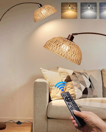 Arc Floor Lamp for Living Room,Bronze Standing Rattan Floor Lamp with Remote Control Dimmable,71" Tall Boho Farmhouse Adjustable Over Couch Lamp for Bedroom Office - LeafyLoom