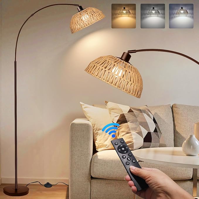 Arc Floor Lamp for Living Room,Bronze Standing Rattan Floor Lamp with Remote Control Dimmable,71" Tall Boho Farmhouse Adjustable Over Couch Lamp for Bedroom Office - LeafyLoom