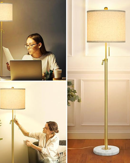 Modern Floor Lamp for Living Room, Adjustable Height Standing Lamp with Marble Base, Gold Tall Pole Light with Linen Shade for Reading Bedroom, Chain Switch, 8W 3-Way Dimmable Bulb Included - LeafyLoom