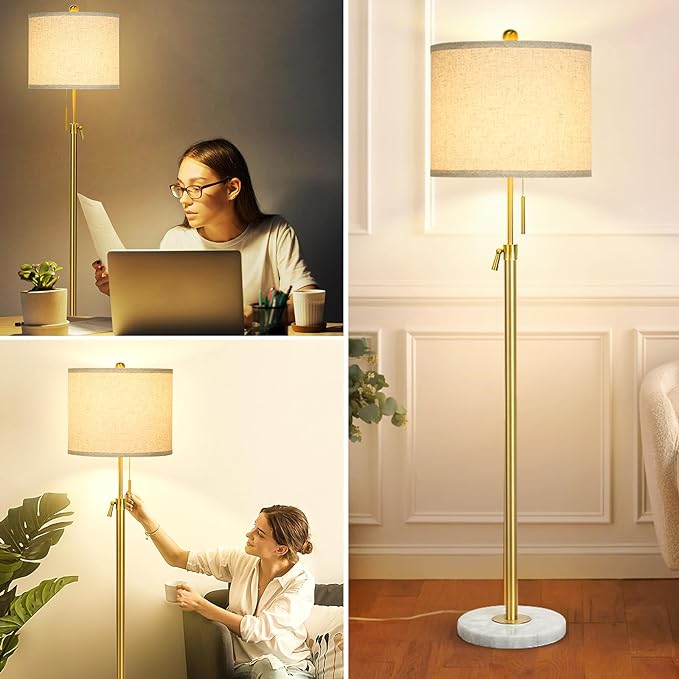 Modern Floor Lamp for Living Room, Adjustable Height Standing Lamp with Marble Base, Gold Tall Pole Light with Linen Shade for Reading Bedroom, Chain Switch, 8W 3-Way Dimmable Bulb Included - LeafyLoom