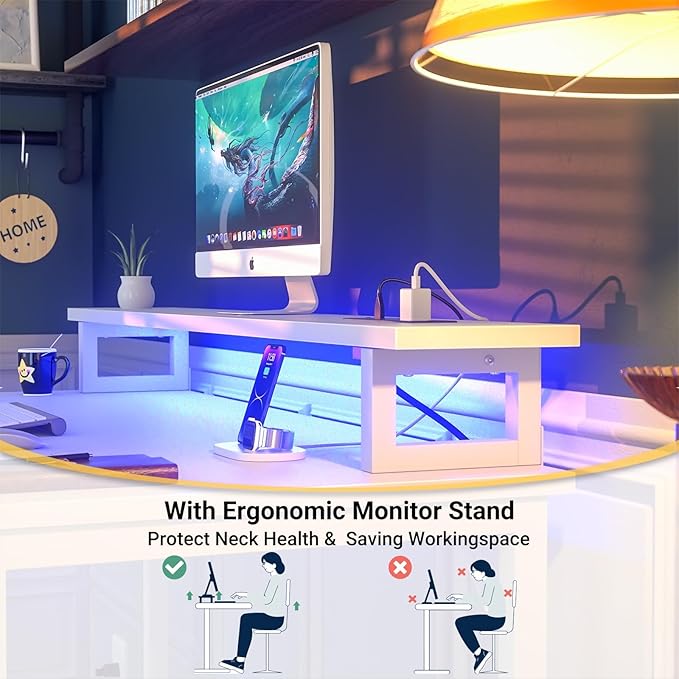 Computer Desk with USB Power Outlets and LED Lights, 47 inch Gaming desk with Monitor Stand for Small Space Home Office, Modern Simple Study Writing Table PC Desks, White - LeafyLoom