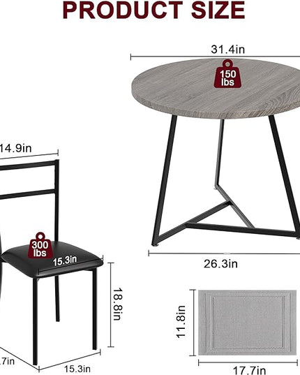 GAOMON Dining Table Set for 2, Kitchen Table and Chairs for 2 with Upholstered Chairs, 3 Piece Dining Room Table Set, Round Kitchen Table Set for Small Space, Apartment, Studio, Rustic Gray - LeafyLoom