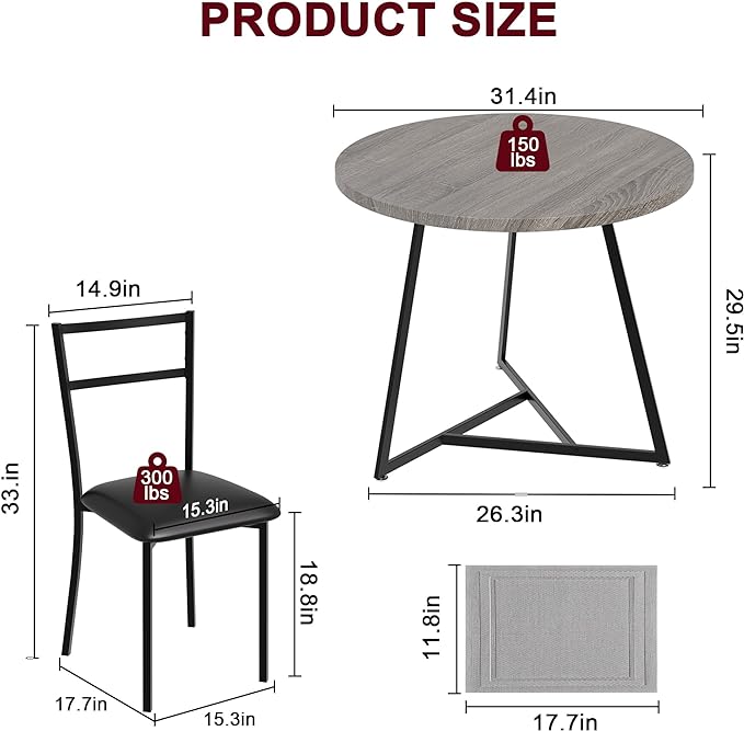 GAOMON Dining Table Set for 2, Kitchen Table and Chairs for 2 with Upholstered Chairs, 3 Piece Dining Room Table Set, Round Kitchen Table Set for Small Space, Apartment, Studio, Rustic Gray - LeafyLoom
