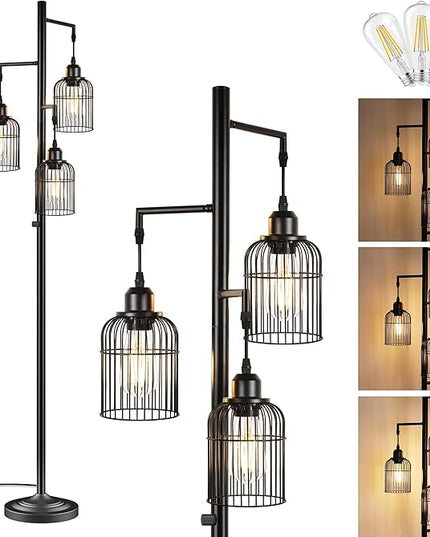 QiMH Industrial Floor Lamp for Living Room,LED Farmhouse Standing Lamp with 3 Birdcage Hanging Shade, Dimmable Tall Lamp Rustic Home Decor for Bedroom Office, Black (Bulbs Included) - LeafyLoom