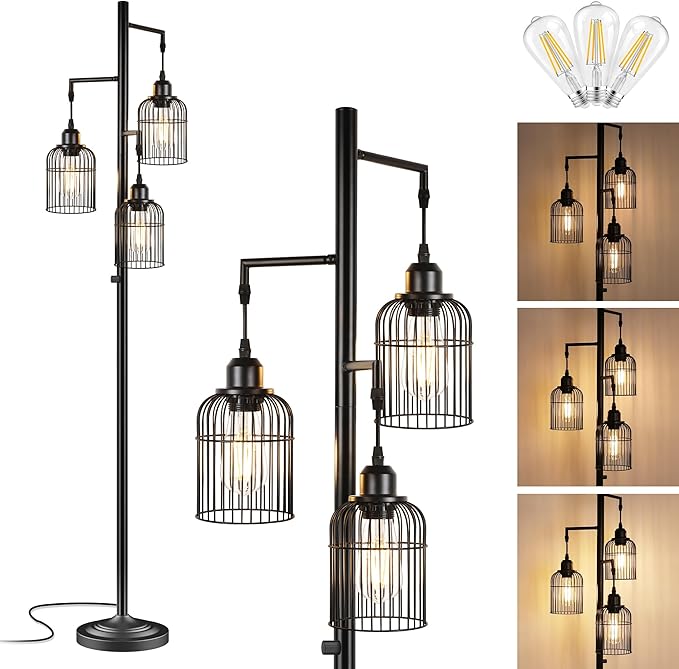 QiMH Industrial Floor Lamp for Living Room,LED Farmhouse Standing Lamp with 3 Birdcage Hanging Shade, Dimmable Tall Lamp Rustic Home Decor for Bedroom Office, Black (Bulbs Included) - LeafyLoom