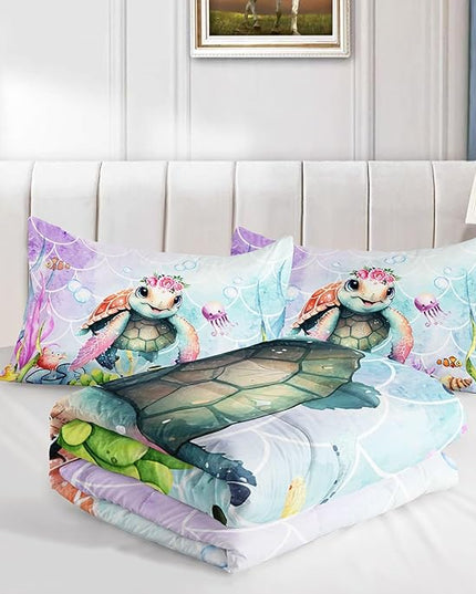 Datura home Kids Comforter Set Mermaid Scale Turtle Printed Pattern Bedding Set with 1 Comforter and 2 Pillowcases for Girls Boys Bedroom All Season(Turtle Twin) - LeafyLoom