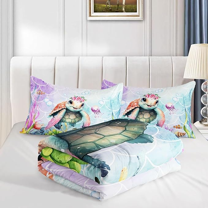 Kids Comforter Set Mermaid Scale Turtle Printed Pattern Bedding Set with 1 Comforter and 2 Pillowcases for Girls Boys Bedroom All Season(Turtle Full) - LeafyLoom