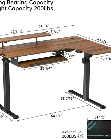 EUREKA ERGONOMIC Standing Desk Electric Adjustable Height (61"x43") Computer Desk with Keyboard Tray Sit Stand Desk L Shaped Desk for Work/Home Office,Dual Motor,Memory Presets,2 USB/RGB,Walnut/Right - LeafyLoom