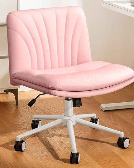 Marsail Armless-Office Desk Chair with Wheels: PU Leather Cross Legged Wide Chair,Comfortable Adjustable Swivel Computer Task Chairs for Home,Office,Make Up,Small Space,Bed Room, Pink - LeafyLoom