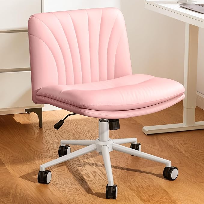 Marsail Armless-Office Desk Chair with Wheels: PU Leather Cross Legged Wide Chair,Comfortable Adjustable Swivel Computer Task Chairs for Home,Office,Make Up,Small Space,Bed Room, Pink - LeafyLoom