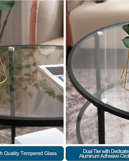 VINGLI Glass Coffee Table,30" Round Coffee Table Black Coffee Tables for Living Room,2-Tier Glass Top Coffee Table with Storage Clear Coffee Table,Simple & Modern Center Table Mesa de Centro Para Sala - LeafyLoom