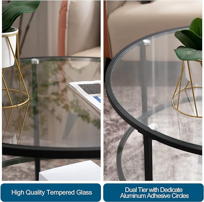 VINGLI 25.6" Round Black Coffee Tables for Living Room, 2-Tier Glass Top Coffee Table with Storage Clear Coffee, Simple & Modern Center Table for Small Space - LeafyLoom