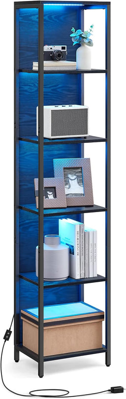 VASAGLE 6-Tier LED Bookshelf, Display Shelf with Dimmable Lights, LED Bookcase with Steel Frame, 11.9 x 15.7 x 70.3 Inches, for Living Room, Bedroom, Office, Black with Wood Grain ULLS121B56 - LeafyLoom