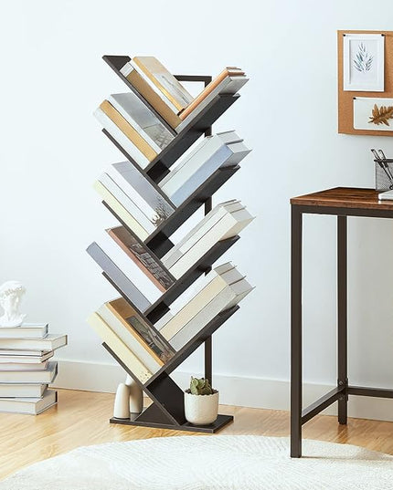 HOOBRO Tree Bookshelf, 9-Tier Bookcase Wooden Shelves, Floor Standing Storage Rack, for Display of CDs, Books in Living Room, Home Office, Wood Storage Rack for Bedroom, Black BB08SJ01G1 - LeafyLoom