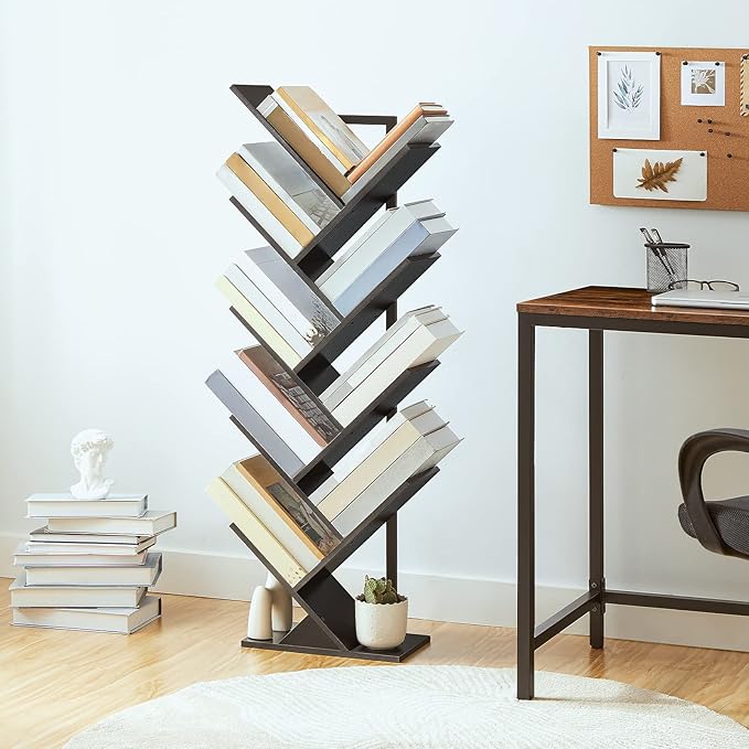 HOOBRO Tree Bookshelf, 9-Tier Bookcase Wooden Shelves, Floor Standing Storage Rack, for Display of CDs, Books in Living Room, Home Office, Wood Storage Rack for Bedroom, Black BB08SJ01G1 - LeafyLoom