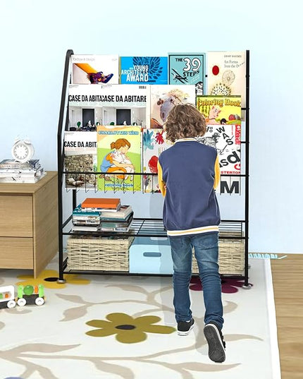 Kids Bookshelf Freestanding for Children Room 32 Inches Large Black Metal Bookcase Large Capacity Books Toys Organizer Stable 5 Tiers Kids Book Rack for Playroom Bookstore Library - LeafyLoom