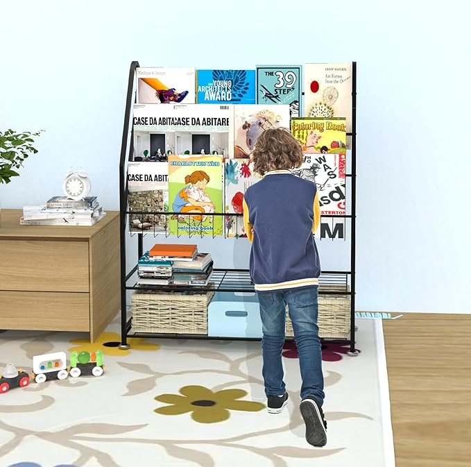 Kids Bookshelf Freestanding for Children Room 32 Inches Large Black Metal Bookcase Large Capacity Books Toys Organizer Stable 5 Tiers Kids Book Rack for Playroom Bookstore Library - LeafyLoom