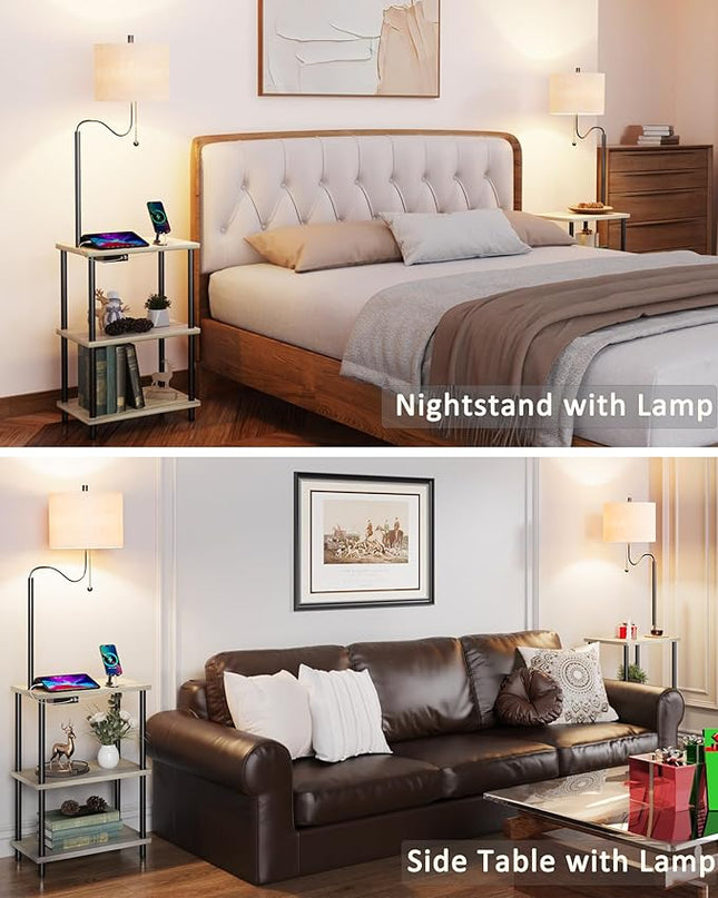 Floor Lamp with Table for Living Room End Table with Lamp Attached USB Type-C Bedside Reading Table with Charging Station Small Nightstand Table Floor Lamp for Bedroom(Bulb Included) - LeafyLoom