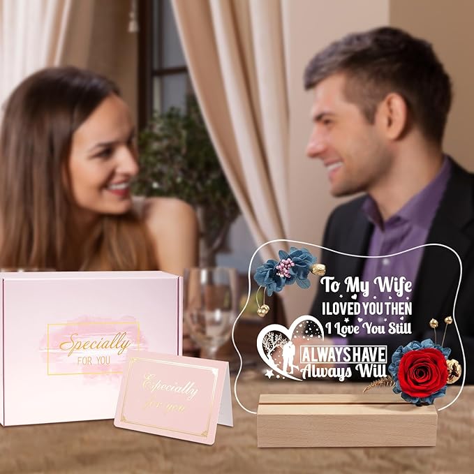 Yamonic Valentines Day Gifts for Her, Handmade Acrylic Plaque with Eternal Real Rose, Night Light with Preserved Rose Romantic Gifts for Girlfriend Wife Women (to My Wife) - LeafyLoom
