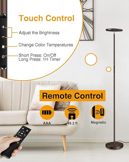 OUTON Floor Lamp, 30W/3000LM LED Modern Torchiere Sky Lamp, Dimmable Bright Standing Tall Lamp with 4 Color Temperatures, 1 Hour Timer, Remote Touch Control for Living Room Bedroom, Office, Bronze - LeafyLoom