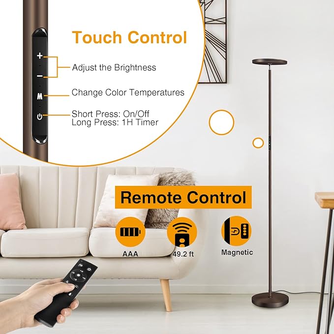 OUTON Floor Lamp, 30W/3000LM LED Modern Torchiere Sky Lamp, Dimmable Bright Standing Tall Lamp with 4 Color Temperatures, 1 Hour Timer, Remote Touch Control for Living Room Bedroom, Office, Bronze - LeafyLoom