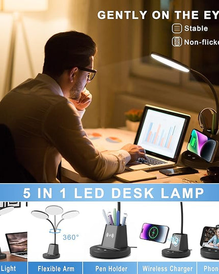 Sailstar Desk Lamp, Desk Lamps for Home Office with Wireless Charger & Pen Holder, 800 Lumens Gooseneck 3 Modes Dimmable Touch Circular LED Desk Light, Small Desk Lamp for College Dorm Room, Black - LeafyLoom